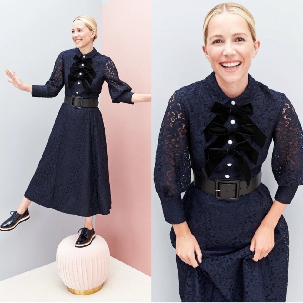 Halogen x Atlantic-Pacific NEW Bow Detail Lace Midi Dress‎ Navy Romantic size 4P
